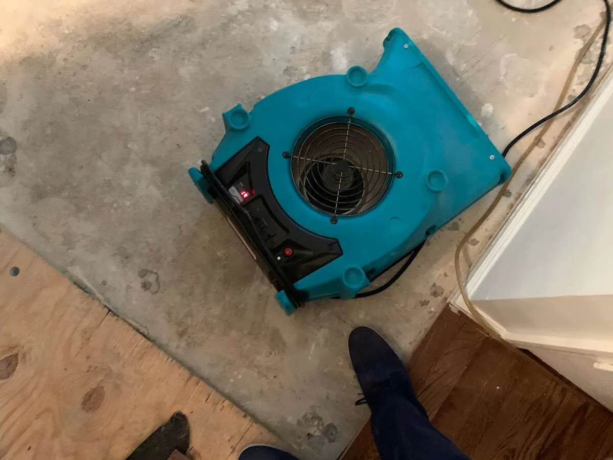 Air mover drying subfloor during Commercial Water Damage Restoration in Sunnyvale